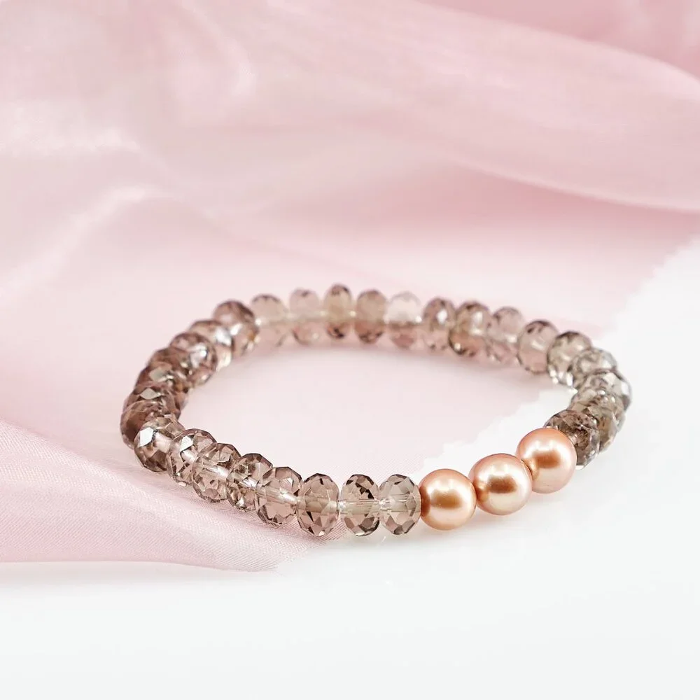 Smoky Quartz Bracelet w/Gold Pearls, Dainty Genuine Gemstone Stretch Bracelet